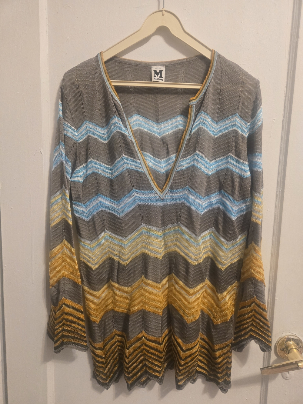 M by Missoni Gray Chevron V-Neck Sweater with Blue and Yellow Stripes